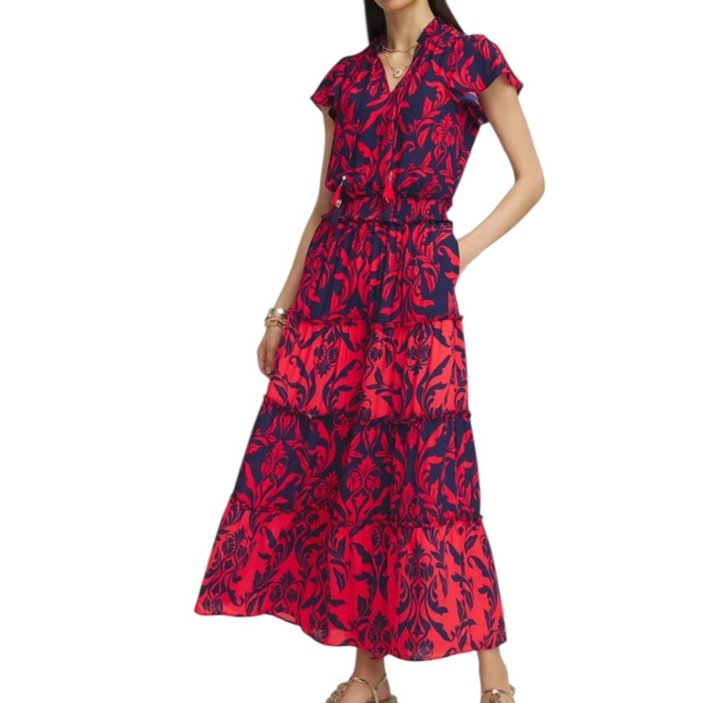 NWT Chico's Scrolls Smock Waist Tiered Maxi Dress